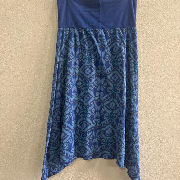 FRESH PRODUCE Blue Ikat Print Cotton Stretch Asymmetrical Maxi Skirt Sz L Boho - Picture 2 of 7